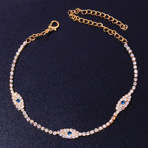 Bracelet Cheville Œil Mauvais Sort Vintage - Cristal Bleu & Or