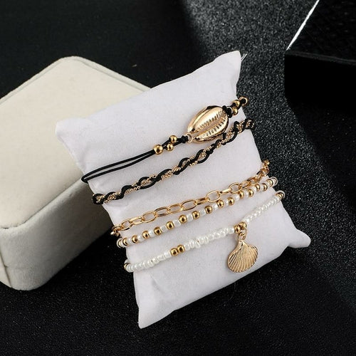 Bracelet Cheville Doré Multicouche Pendentifs Coquillages