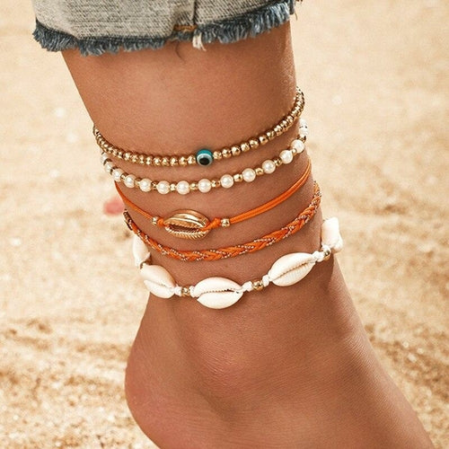Bracelet Cheville Doré Multicouche Pendentifs Coquillages