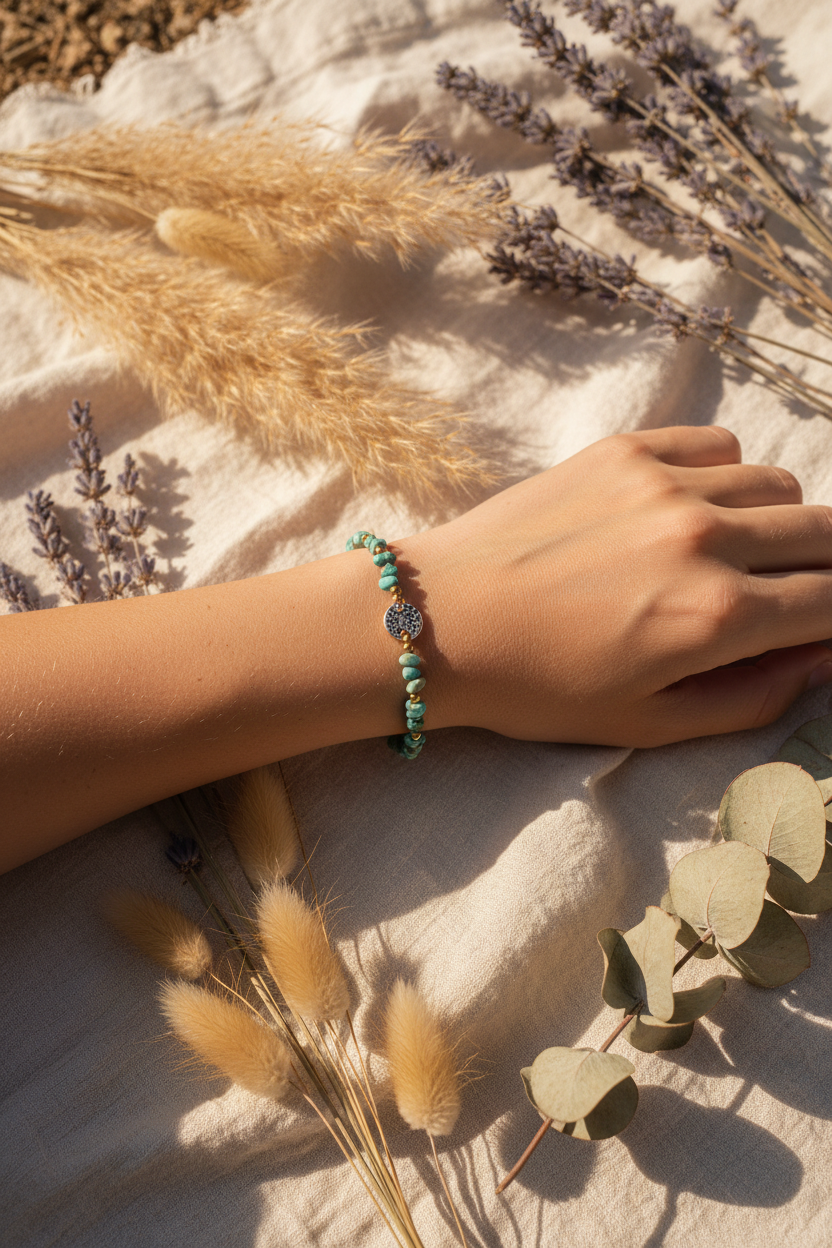 Bracelet turquoise africaine pierre naturelle bohème porté au poignet, ambiance naturelle lumière dorée